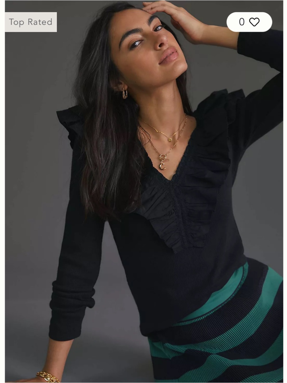 Anthropologie Maeve Ruffled Top V-neck long sleeves feminine flirty Black S